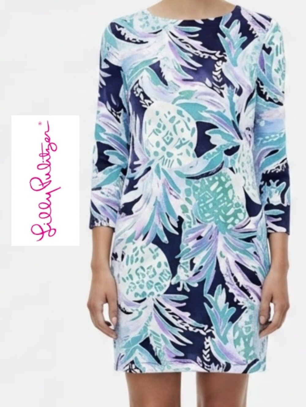 Lilly Pulitzer Hallee Dress ¾ Sleeve Pink/Teal/Black Size XS (#2119)